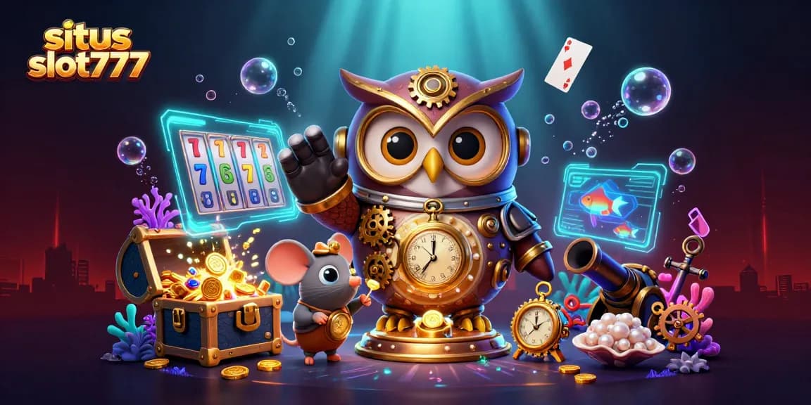 Situs slot777 showcases a lively 3D cartoon scene with a time-traveling owl, vibrant casino elements, and treasure-gathering excitement.