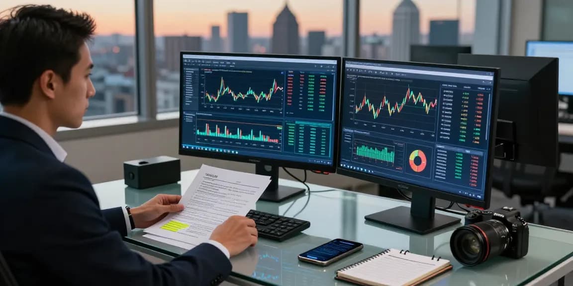 Professional asset tracing investigator analyzing financial data in a modern office