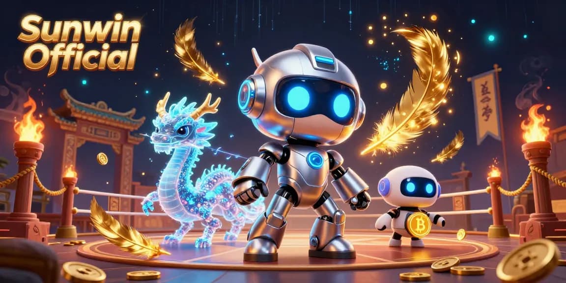 Engage with Sunwin Official, where a vibrant cyberpunk robot, AI dragon, and bitcoin drone bring the online casino experience to life.