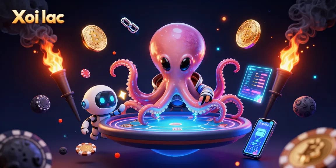 Xoi lac card showdown featuring a playful alien octopus and robot amid glowing crypto coins