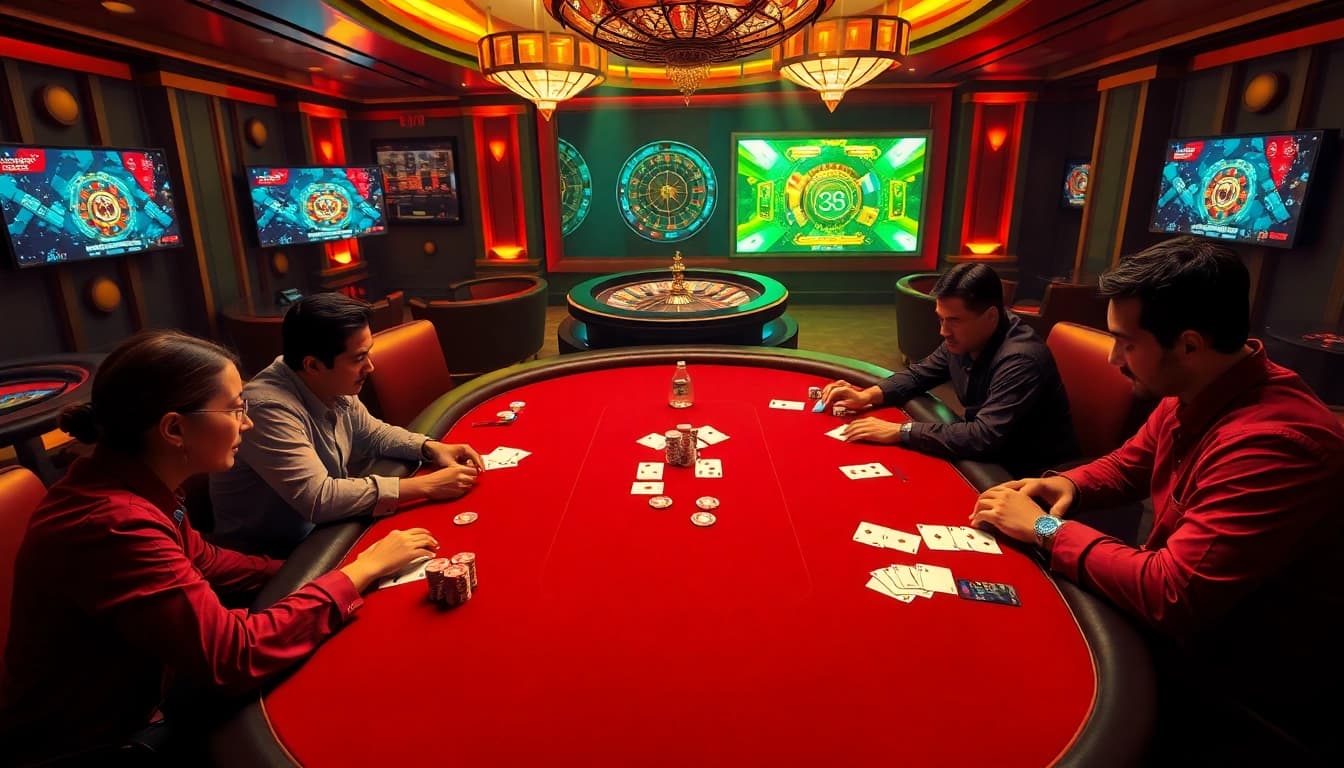 Experience the excitement of bk8thai ทางเข้า with a vibrant casino scene showcasing intense poker action.