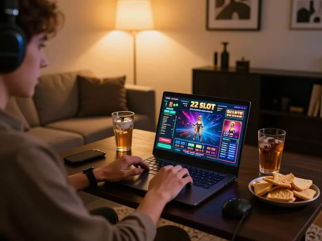 Engaged player enjoying 92slot casino gaming on a laptop in a cozy home setup