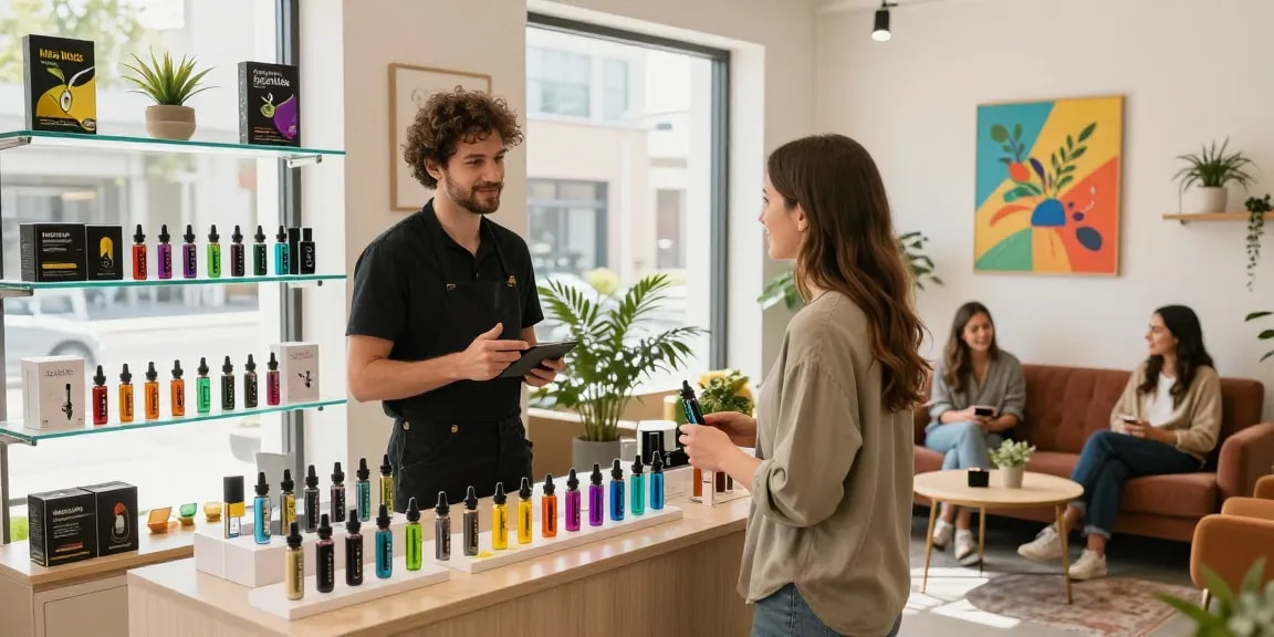 Modern Muha Meds display in a vibrant vape shop, showcasing diverse cannabis products.