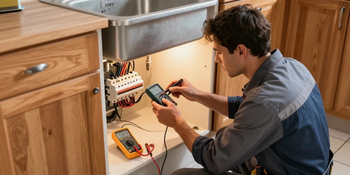 Electrician assessing electrical safety in a home, read more here for emergency services.