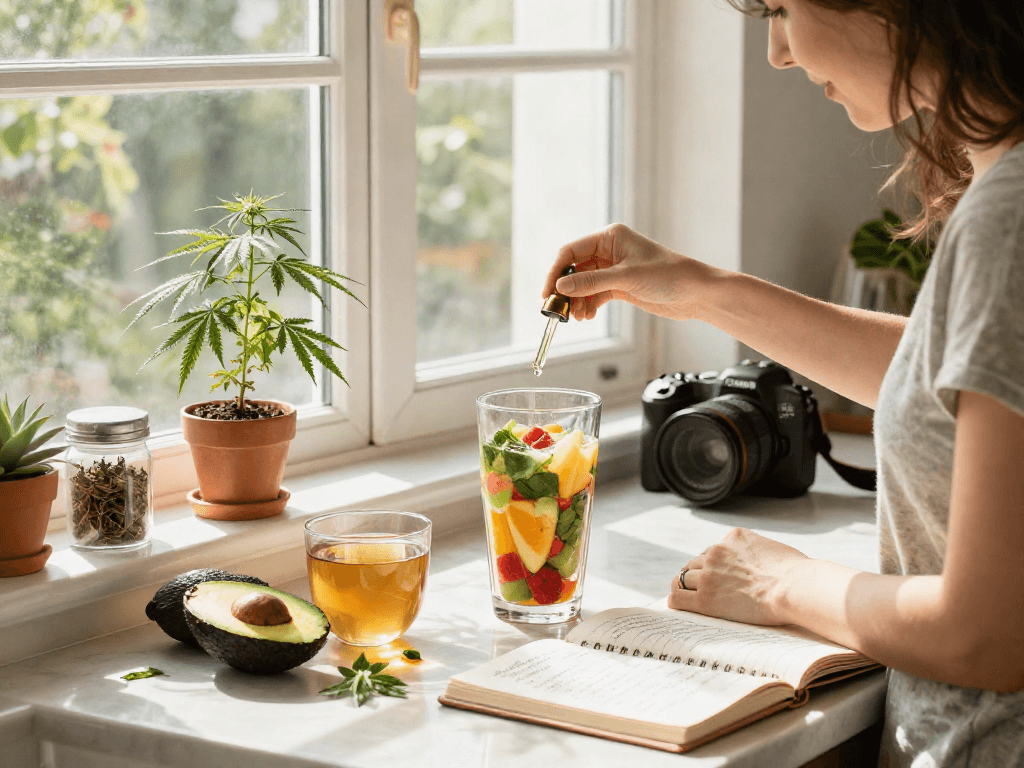 Muha meds CBD infusion in healthy morning smoothie with hemp extract and natural ingredients for wellness.