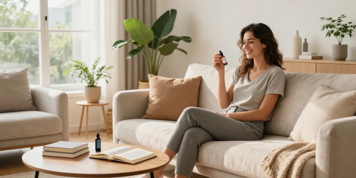 Online dispensary delivery with CBD oil, hemp wellness products, and natural elements in a soothing living space.