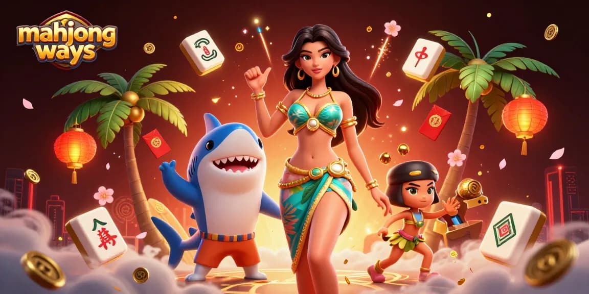 Engage with mahjong ways in a dynamic 3D casino scene featuring vibrant characters and elements.