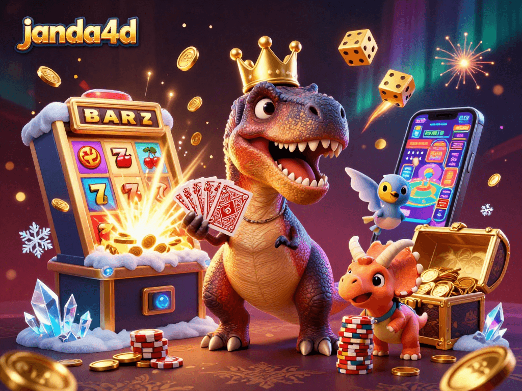 janda4d menawarkan permainan kasino dengan T-Rex, pterodactyl, dan triceratops bermain kartu dan chip emas.