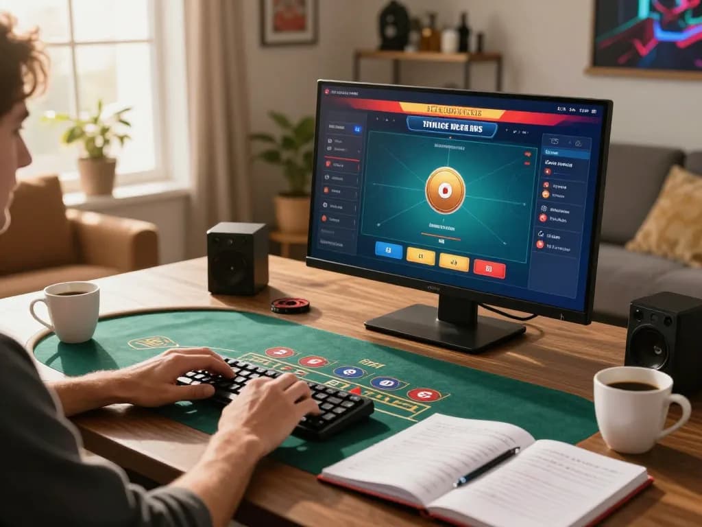Player engaged in online poker, utilizing the official hidden wiki for strategy insights in a cozy home gaming setup.