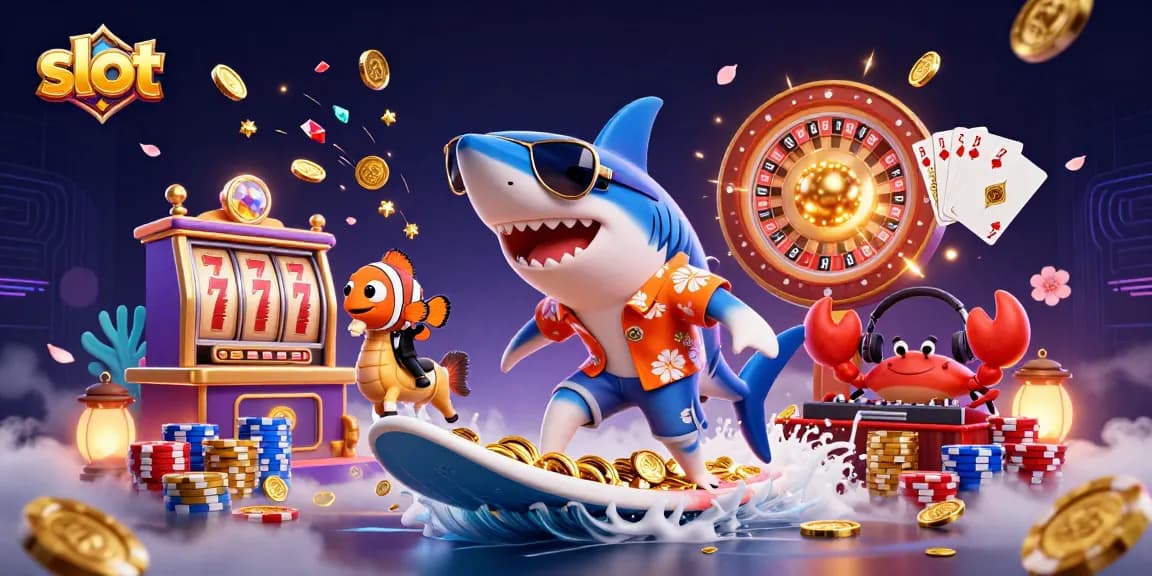 Spin the slots in a vibrant scene with a shark, clownfish, and DJ crab celebrating wins!