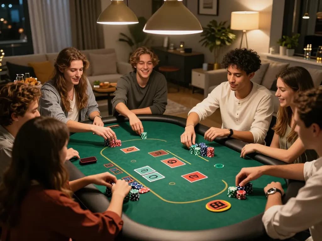 Friends celebrating a bonus new member win at a home blackjack game, showcasing their excitement.