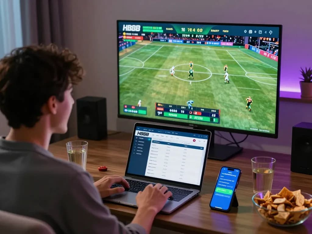 Person engaging in real-time sports betting on HB88 platform while watching live games.