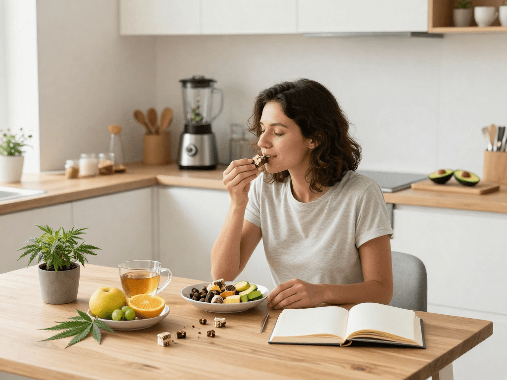 Edibles infused with CBD on a rustic kitchen table alongside fresh fruits and hemp leaves, showcasing natural wellness.