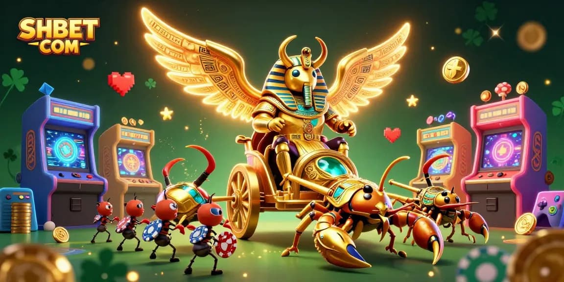 Engage with SHBET COM through a vibrant 3D casino scene featuring gaming elements and characters in action.