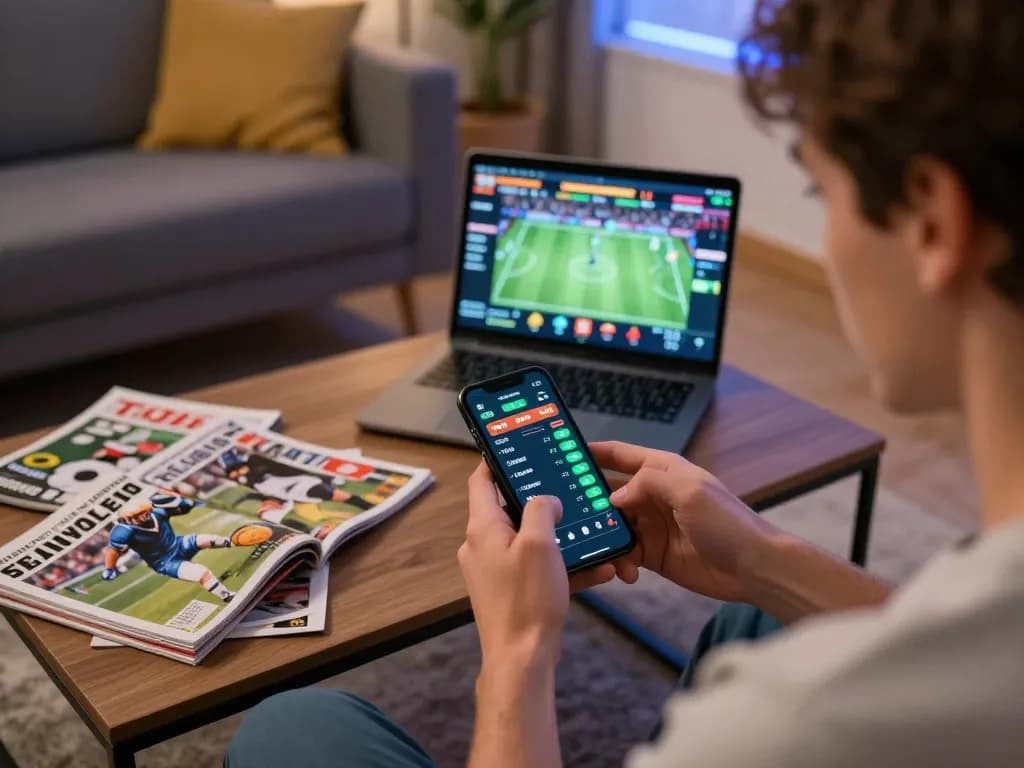 Person engaged in dynamic USBET online sports betting with smartphone in stylish living room