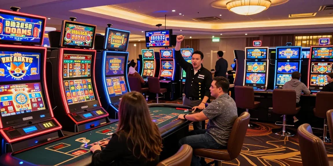 Engaging online casino scene showcasing slot deposit 5000 with players enjoying vibrant slot machines and celebrating wins.