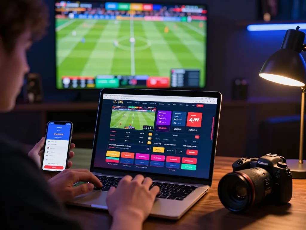 Engaging scene of a user on link 8kbet 2026 participating in online sports betting, showing excitement and a vibrant interface.