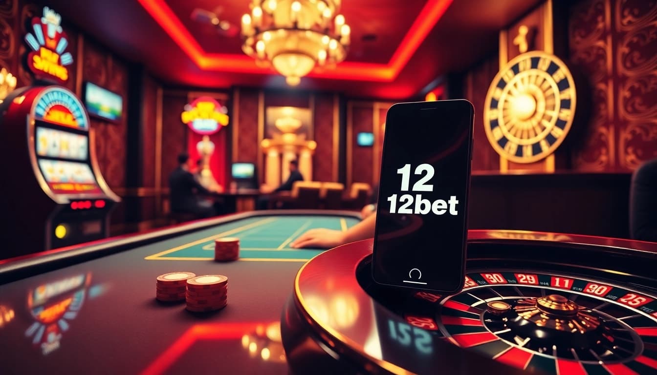 Engaging gambling scene featuring link 12bet with players at a poker table and vibrant slot machines.