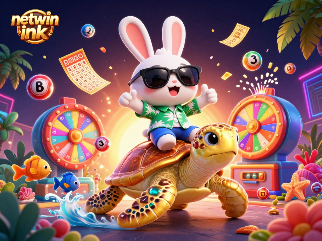 Experience the excitement of netwin ink with a lucky rabbit and golden turtle amidst dynamic lottery elements.