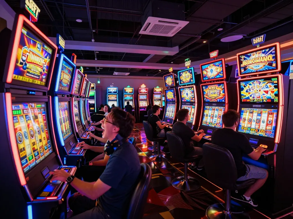 Players celebrating wins at colorful slot 10 ribu machines in a vibrant casino atmosphere