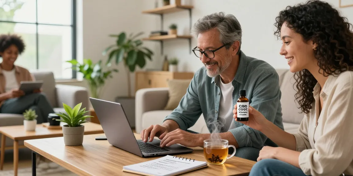 Buy CBD oil online in Canada with a happy Canadian couple exploring options in a cozy living room.