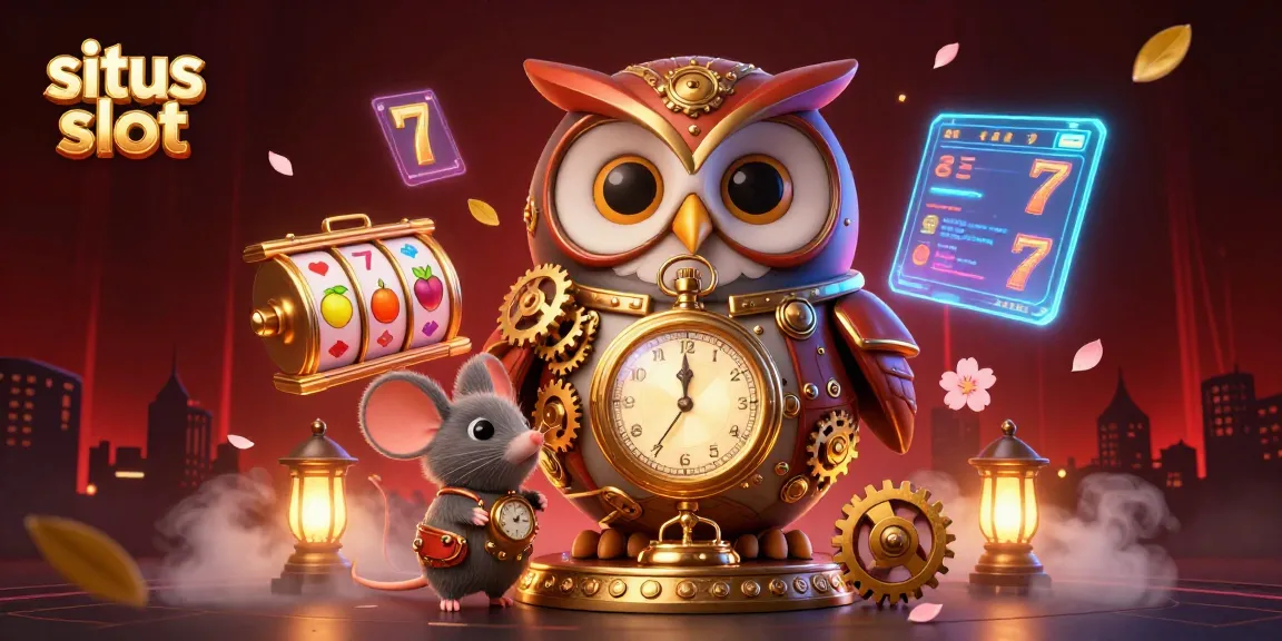 Situs slot illustration with vibrant slot reels and casino elements featuring a steampunk owl and clockwork mouse in a rich, dynamic scene.