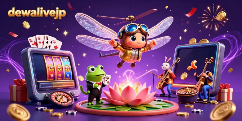 Join the fun at dewalivejp with an exciting casino scene featuring mobile gaming and vibrant characters.