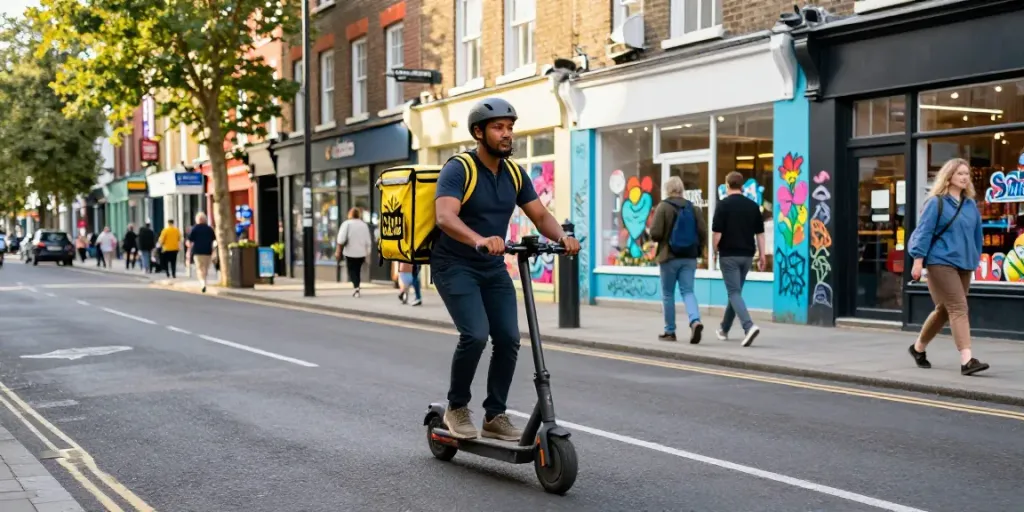 Weed delivery Croydon London featuring a delivery person on an electric scooter navigating vibrant city streets.
