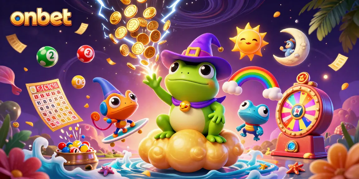 Join the excitement at onbet as a wizard frog conjures golden coins in a vibrant casino scene.