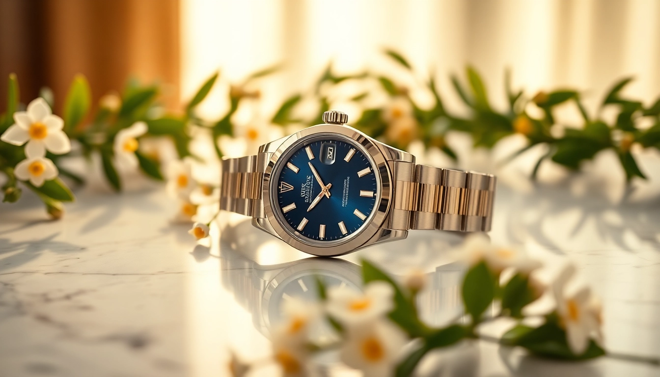 Showcase rolex replica shining on marble, surrounded by greenery and flowers.