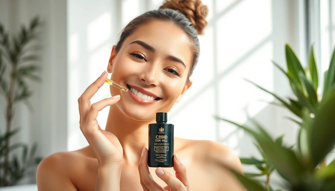 Model applying CBD oil for skin on their face in a serene bathroom setting, promoting self-care.