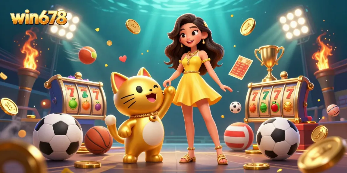 Engage with win678's thrilling casino games featuring a joyful Asian woman and a lucky cat amidst dynamic action.