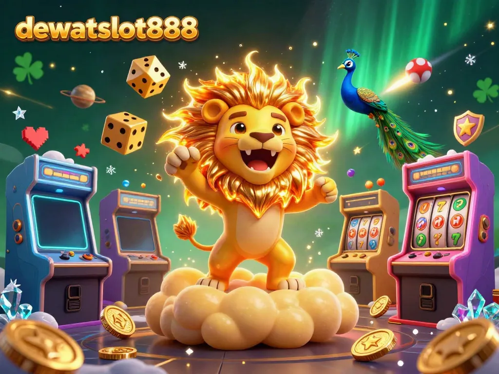 Ilustrasi 3D penuh warna dewataslot888 menunjukkan singa matahari yang menggelegar, dadu emas, dan mesin permainan arcade.