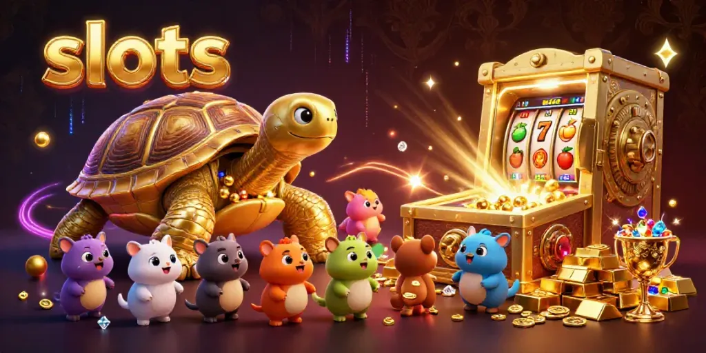 Engage with dynamic slots gameplay featuring a colossal golden tortoise and vibrant gems.