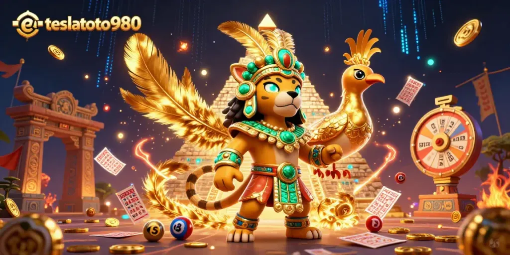 Experience thrilling lottery action with teslatoto980's vibrant 3D illustration of a Mayan priest and quetzal bird.