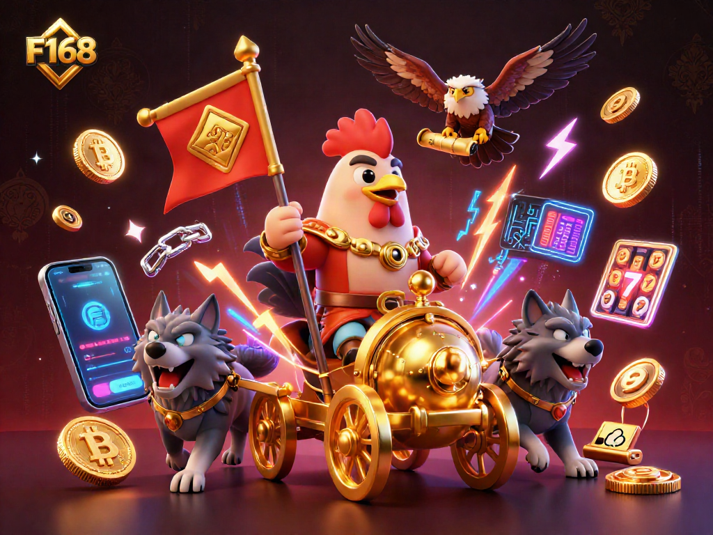 Experience the thrill of F168 with a vibrant 3D illustration showcasing a rooster warlord amidst casino elements.