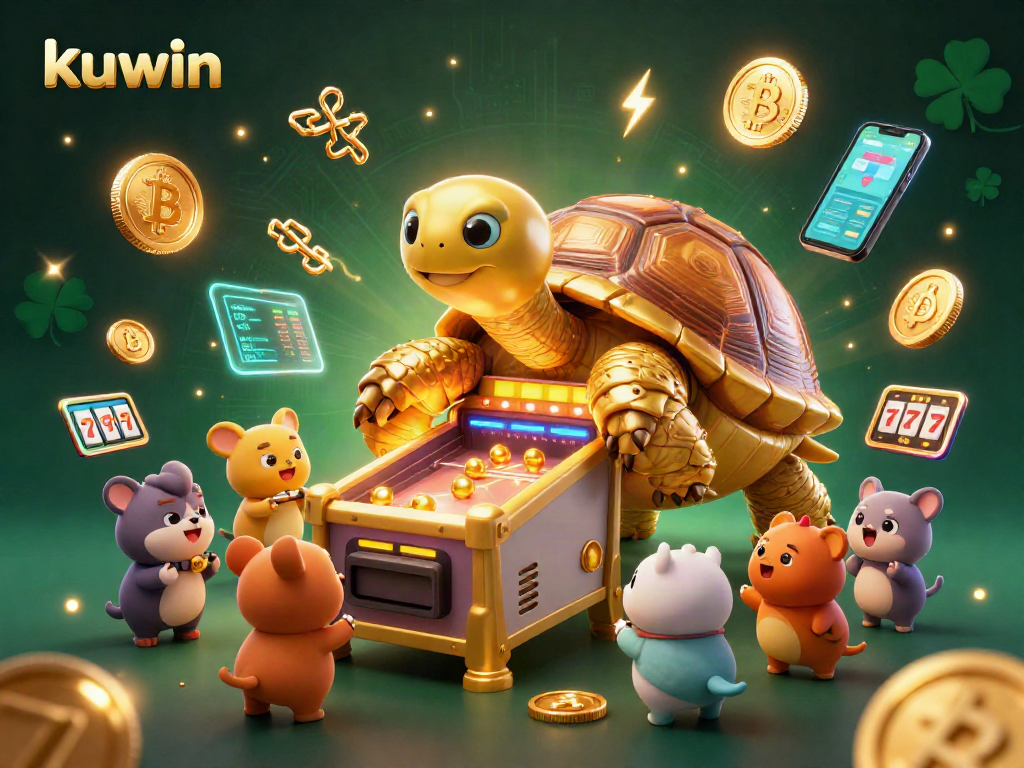 Kuwin offers a vibrant gambling scene with a golden tortoise playing pinball amid glowing crypto coins.