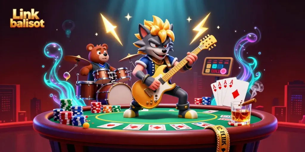 Experience the thrills at Link balislot with a dynamic casino scene featuring a rock star wolf and drummer bear.