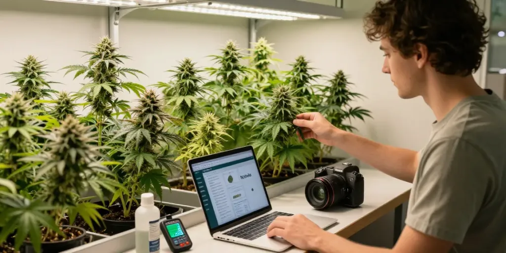 Grower tending to automatic cannabis seeds in a well-lit indoor garden.