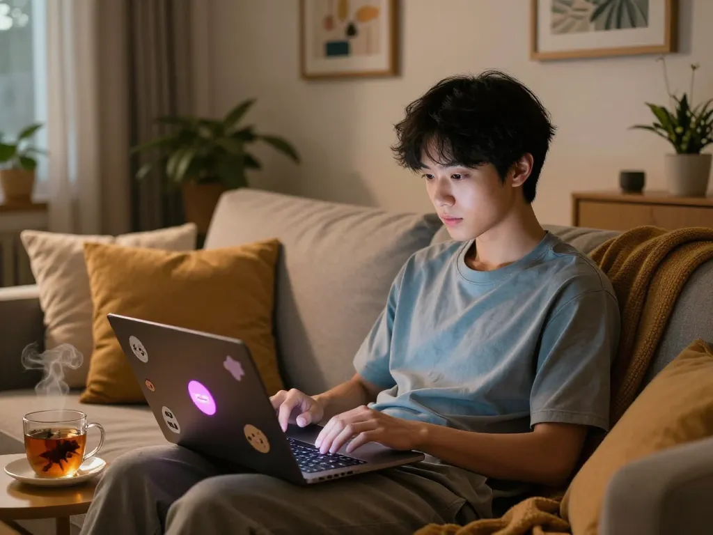 Engaging in nsfw ai chat on a cozy laptop setup with ambient lighting.