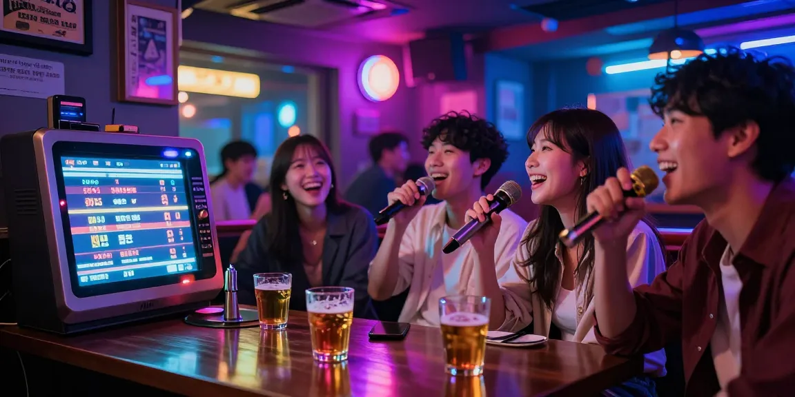 제주유흥을 즐기는 친구들의 즐거운 노래방 모습과 화려한 조명이 있는 바 분위기