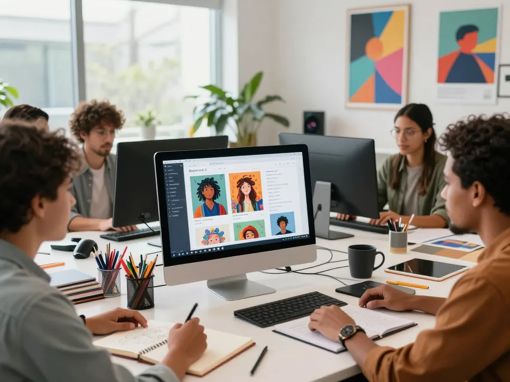 Creative collaboration scene showcasing Banana Nano AI image editor at a modern workspace
