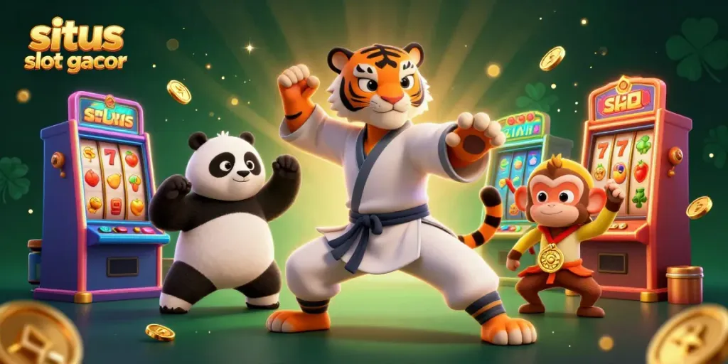 Ilustrasi 3D menunjukkan "situs slot gacor" dengan karakter harimau kung fu dan mesin slot berputar.