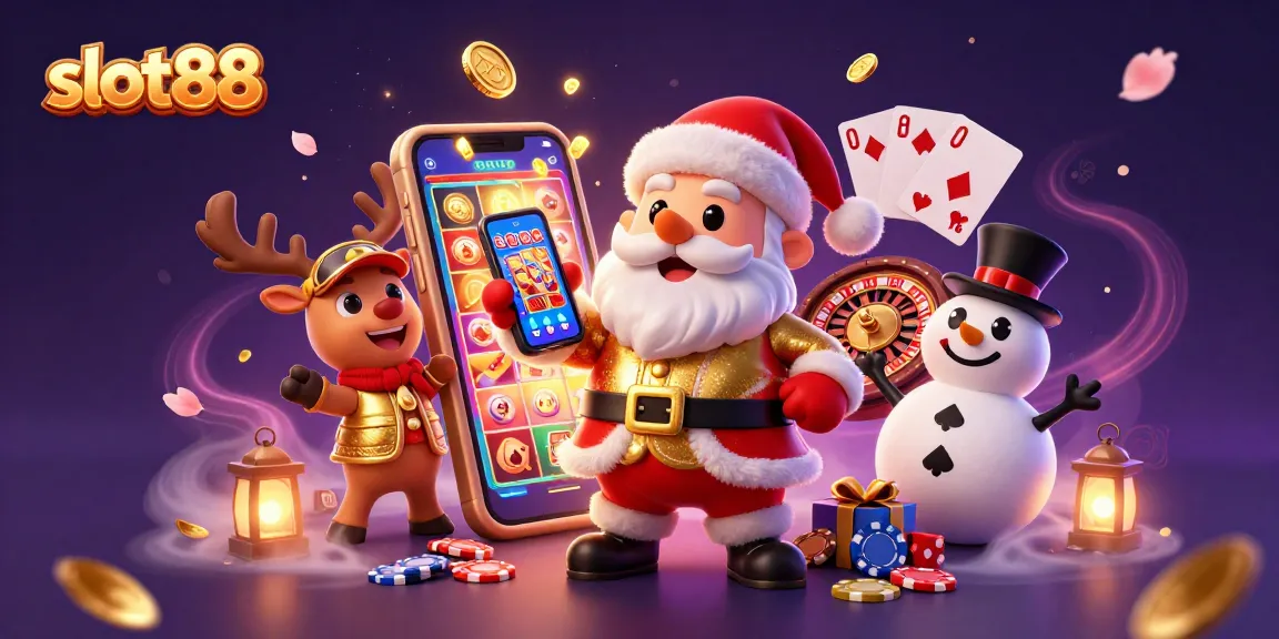 Spin the reels at slot88 with festive characters celebrating big wins in a vibrant casino scene.