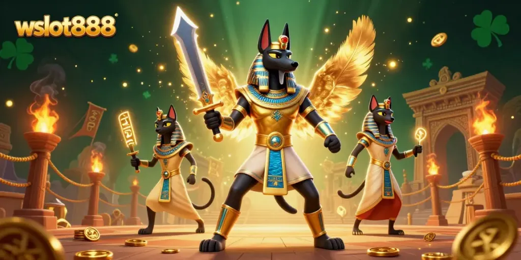 Menangkan jackpot di wslot888 dengan 3D Anubis dan Bastet yang beraksi di arena bertema kasino.