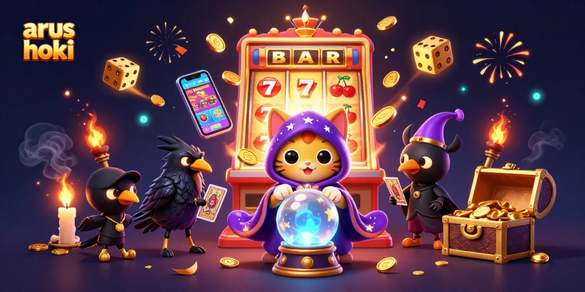 Rayakan kemenangan di arus hoki dengan mesin slot jackpot yang mengeluarkan koin dan simbol keberuntungan.