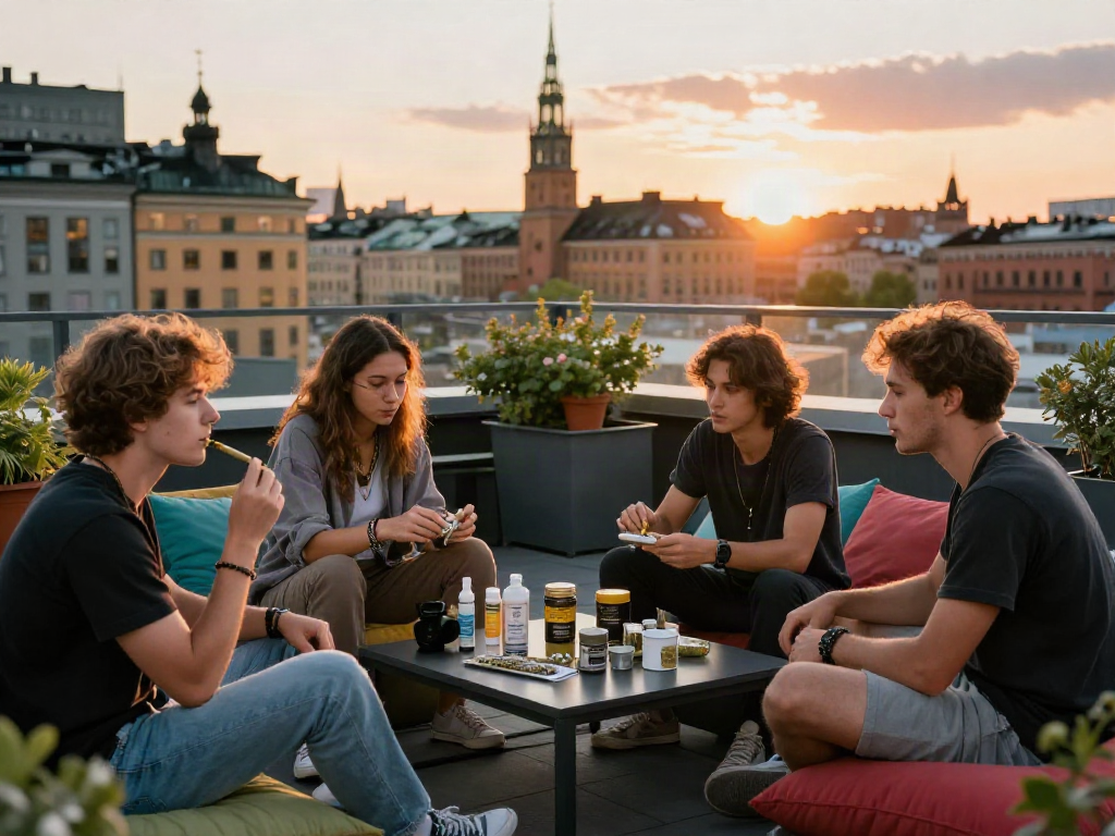 Weed in Stockholm Near Me scene of friends enjoying cannabis on a rooftop terrace