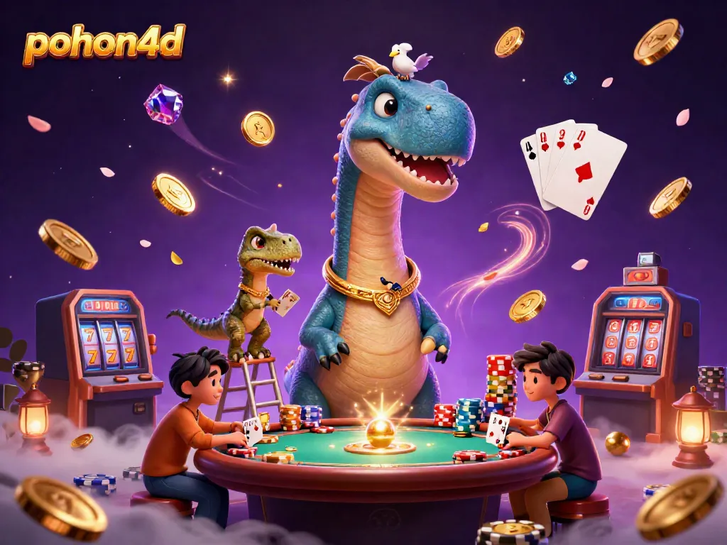 Experience thrilling gameplay with pohon4d, featuring colorful poker chips, a 3D brontosaurus, and live-action dealers.