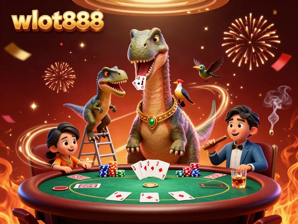 Ilustrasi 3D wslot888 menampilkan brontosaurus besar di kasino yang menghadapi meja poker.