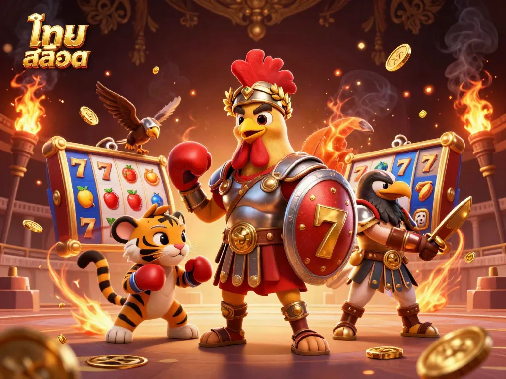 Engage with ไทย สล็อต through a dynamic illustration featuring a gladiator rooster and slot elements, highlighting casino excitement.